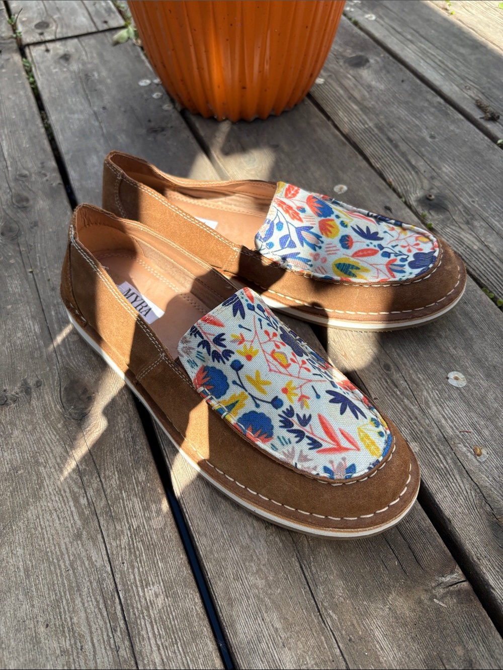 Brown Suede Loafers with Colorful Floral Canvas Accent